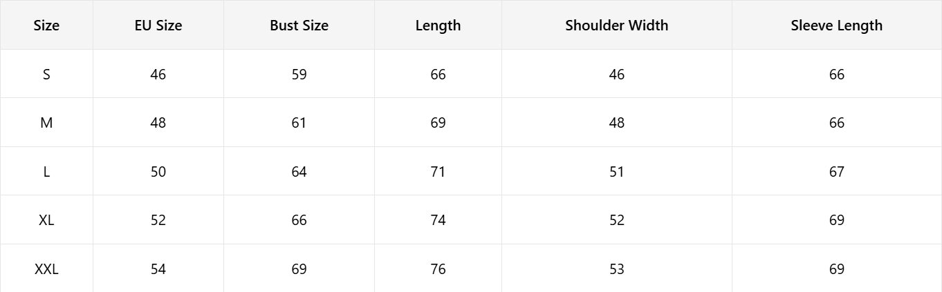 Size chart in centimeters