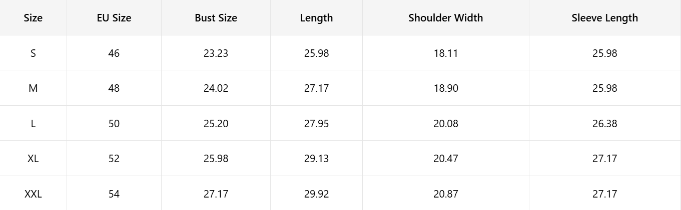Size chart in inches
